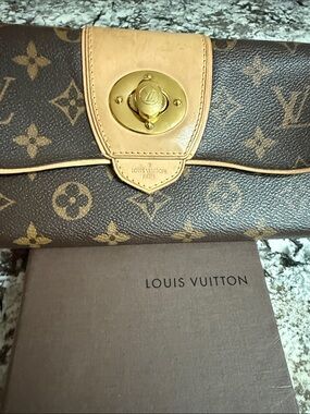 Louis Vuitton Monogram Fold-Over Clutch in Brown and Tan with Gold Hardware